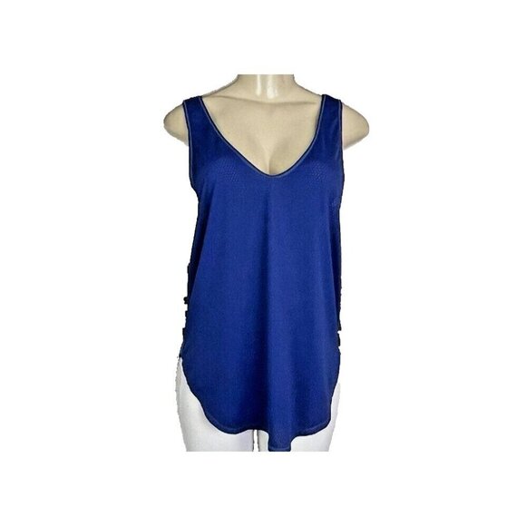 Vimmia L Blue Pin Dot Mesh Scoop Neck Low V-Backline Curved Hem Wicking Tank Top - Picture 2 of 6